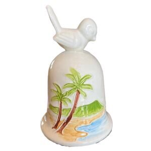 Vintage Hawaii Thick Ceramic Bell Souvenir White Bird Palm Trees Beach 4.25 Inch
